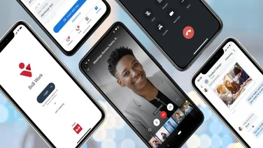Press image of 8x8 VoIP app shown on mobile phone screens