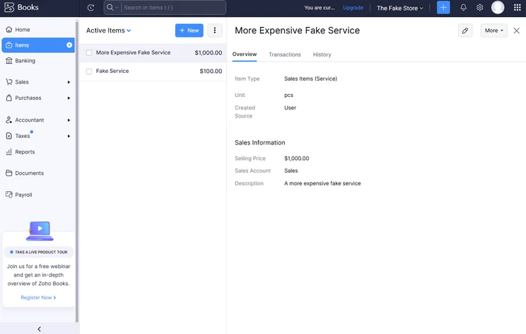Zoho Books allowed us to track inventory directly in the platform. Source: Tech.co testing