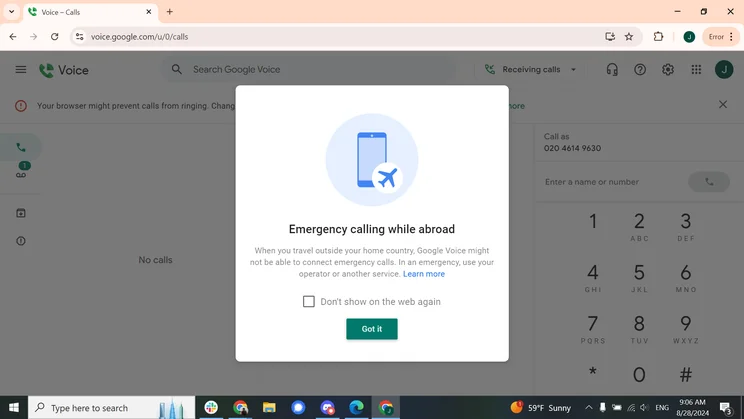 Google Voice advices you against making emergency calls with the service when you're abroad