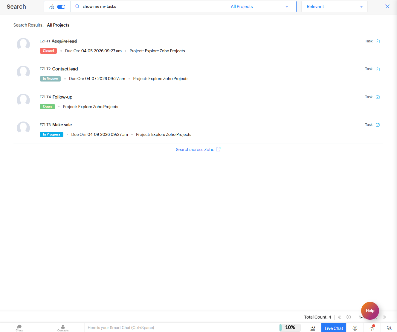 Zia Search allowed us to search for items across all Zoho services, like Zoho CRM and Zoho Mail. Source: Tech.co testing