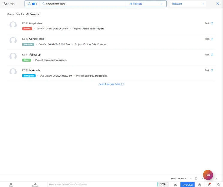 Zia Search allowed us to search for items across all Zoho services, like Zoho CRM and Zoho Mail. Source: Tech.co testing