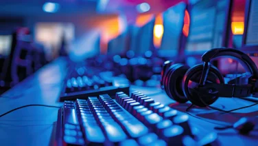 VoIP headsets next to a keyboard.