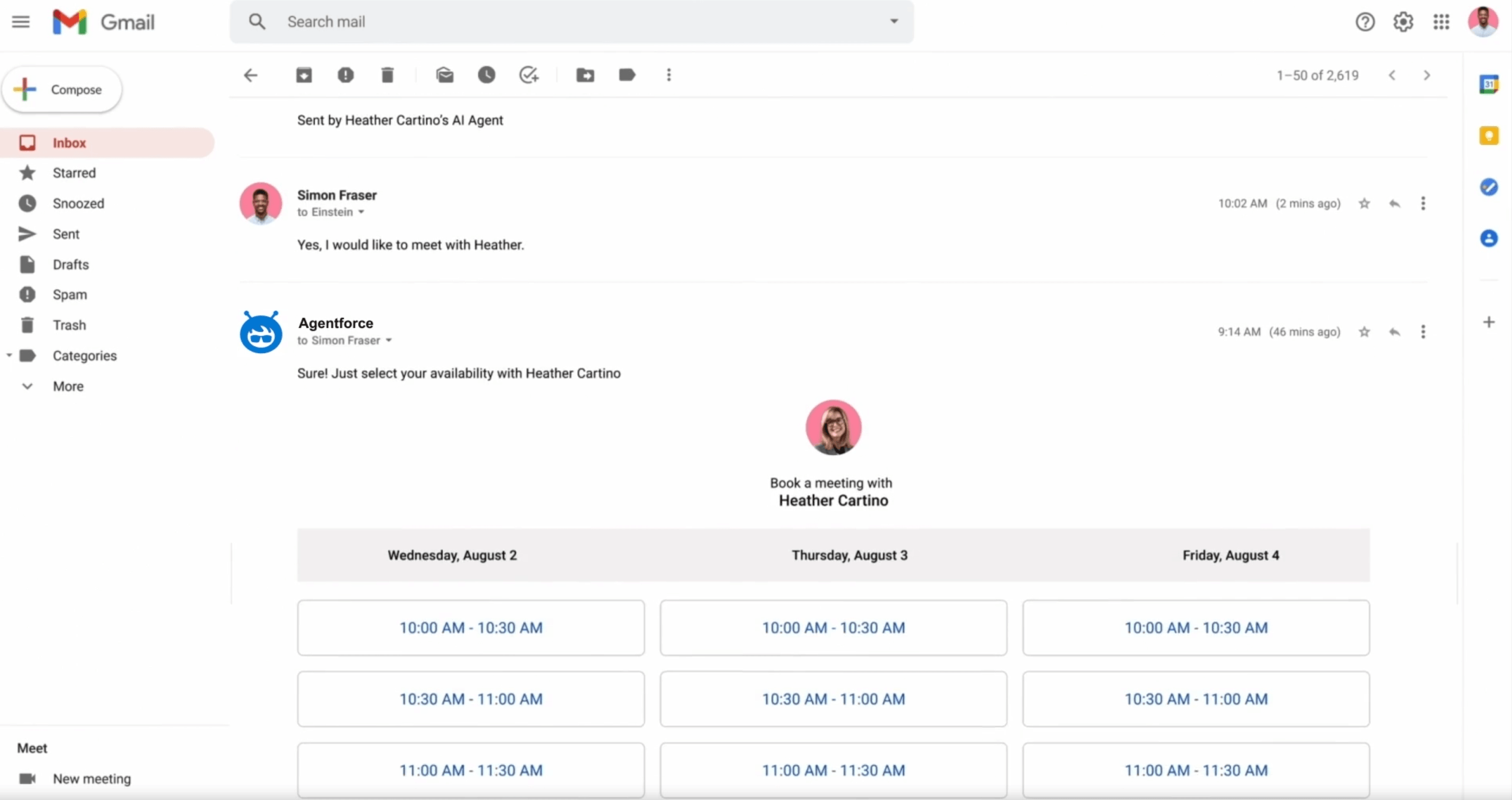 Agentforce from Salesforce can integrate with Gmail to make tasks like scheduling easier. Source: Salesforce
