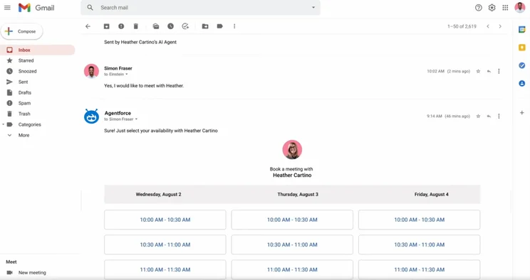 Agentforce from Salesforce can integrate with Gmail to make tasks like scheduling easier. Source: Salesforce