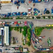 Fleets of trucks, seen from above.