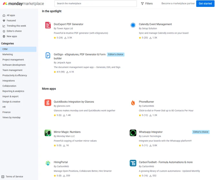 Many CRM like monday can integrate with a variety of third party apps for a more complete solution. Source: Tech.co testing