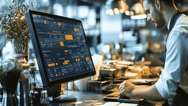 A staff member works next to a POS machine.