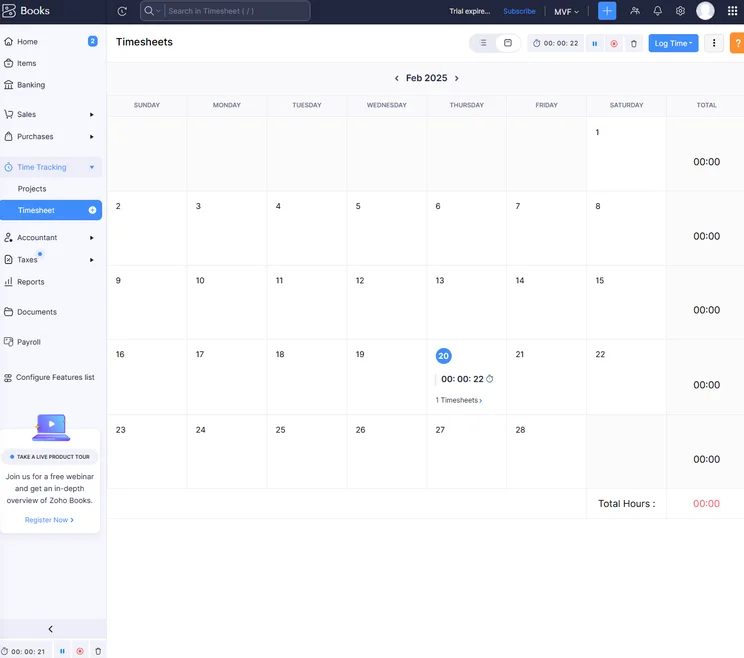 The Zoho Books time tracker feature was easy to operate, even within the calendar page. Source: Tech.co testing