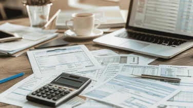 Accounting software on a laptop surrounded by papers and a calculator.
