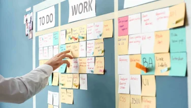 kanban board on wall with post its