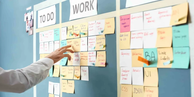kanban board on wall with post its