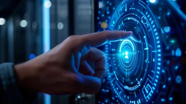 A person touching a blue padlock on a transparent screen