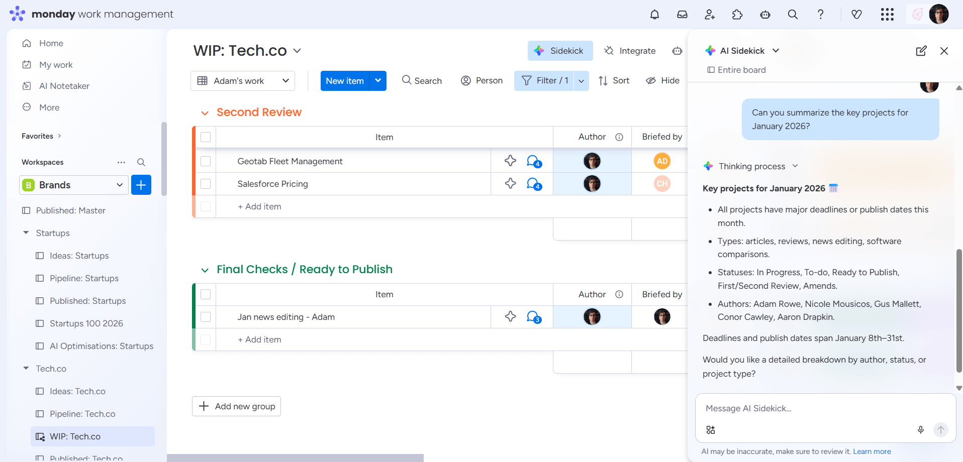 monday Work Management's AI summary