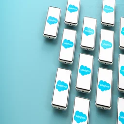 The Salesforce logo on a collection of phones.