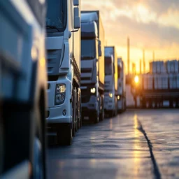 An illustration of a row of trucks.