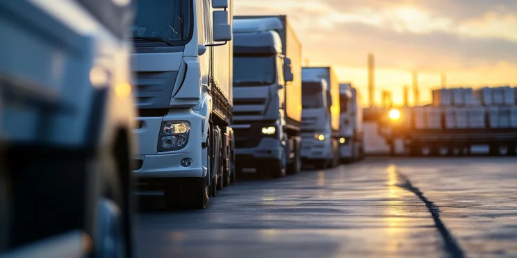An illustration of a row of trucks.