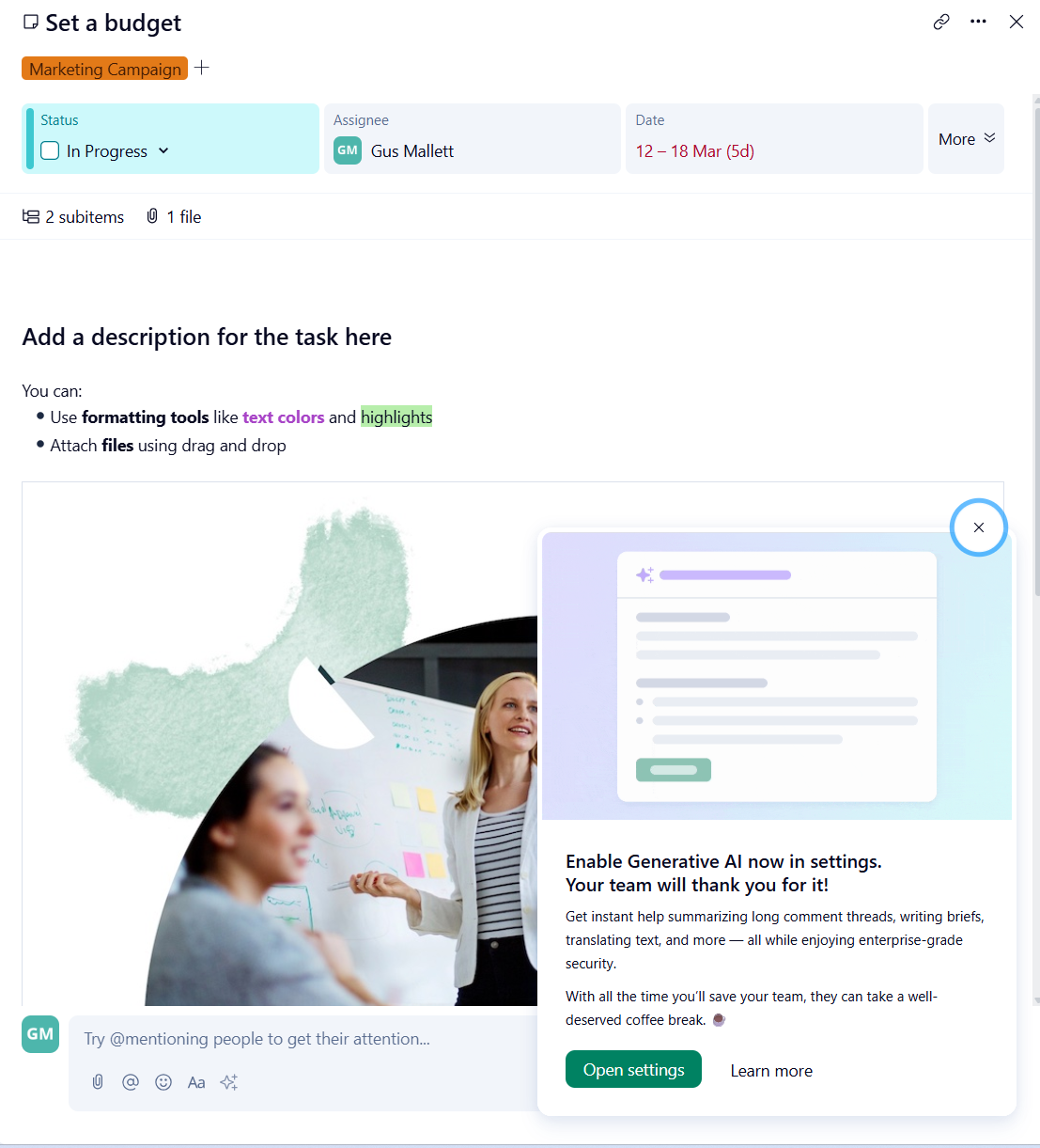 Screenshot of Wrike task. Source: Tech.co testing
