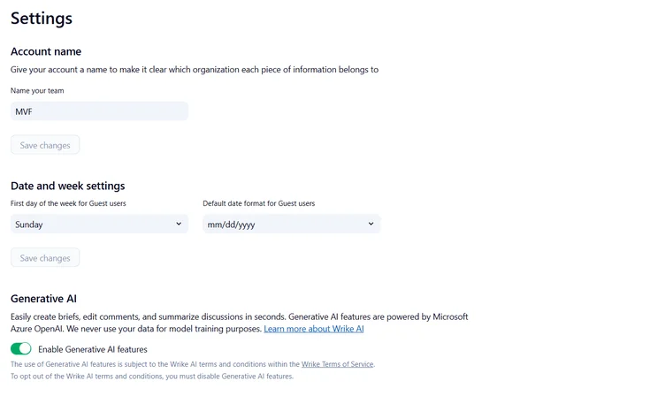 Screenshot of Wrike "settings." Source: Tech.co testing