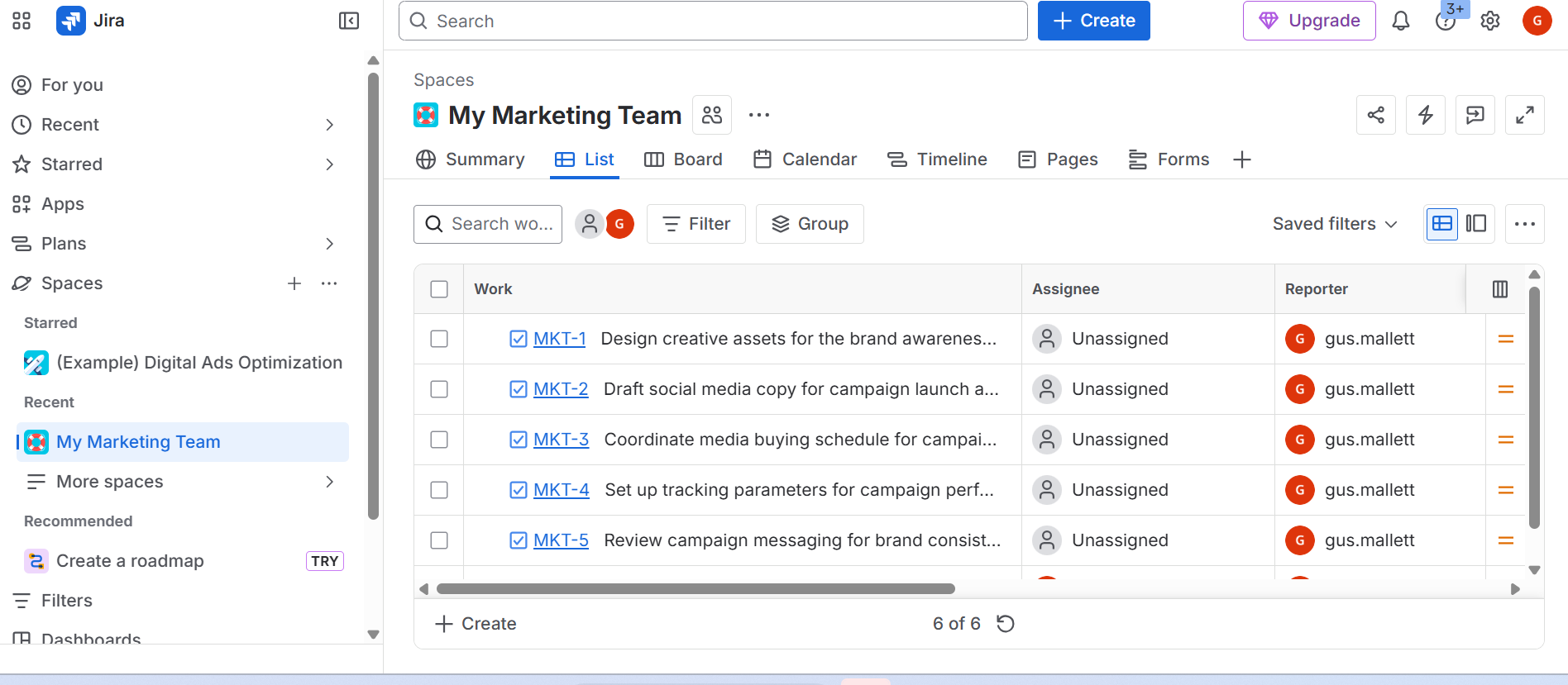 Screenshot of Jira Spaces. Source: Tech.co testing