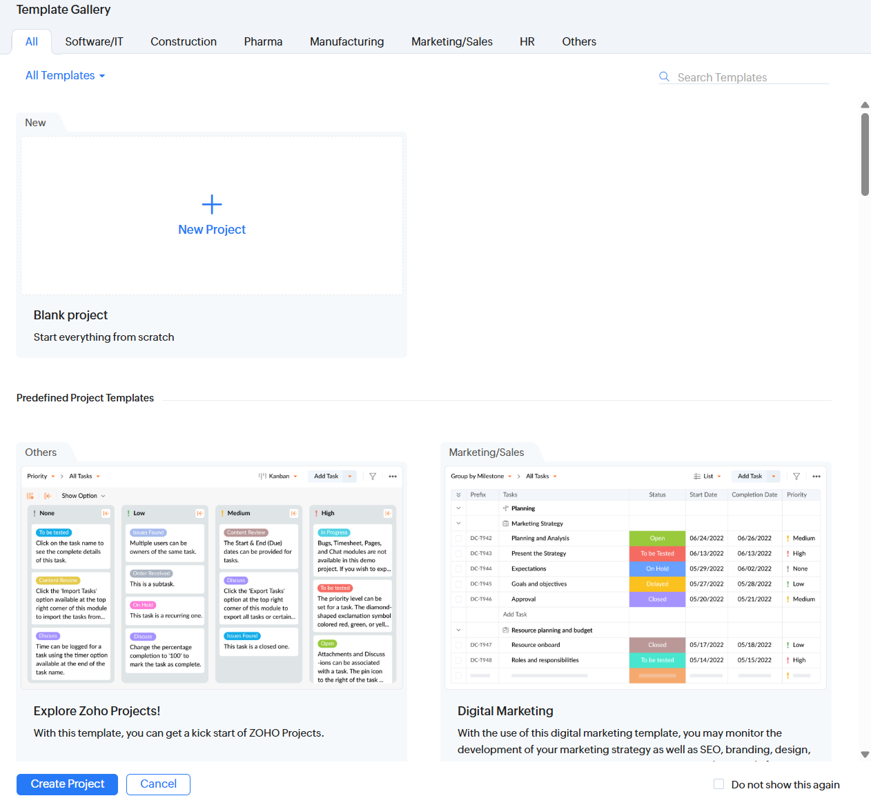 Screenshot of Zoho Projects template gallery. Source: Tech.co testing