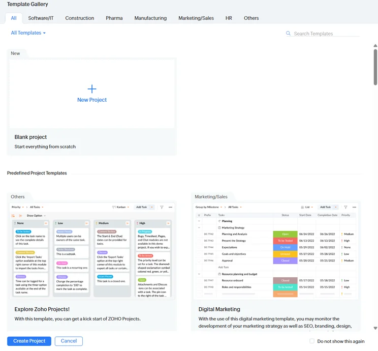 Screenshot of Zoho Projects template gallery. Source: Tech.co testing