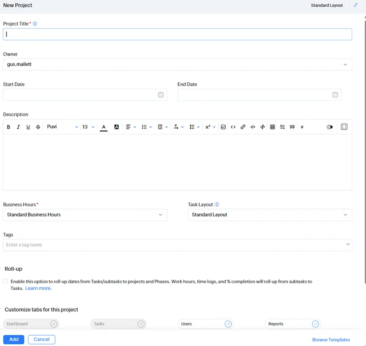 Screenshot of Zoho Projects project card. Source: Tech.co testing