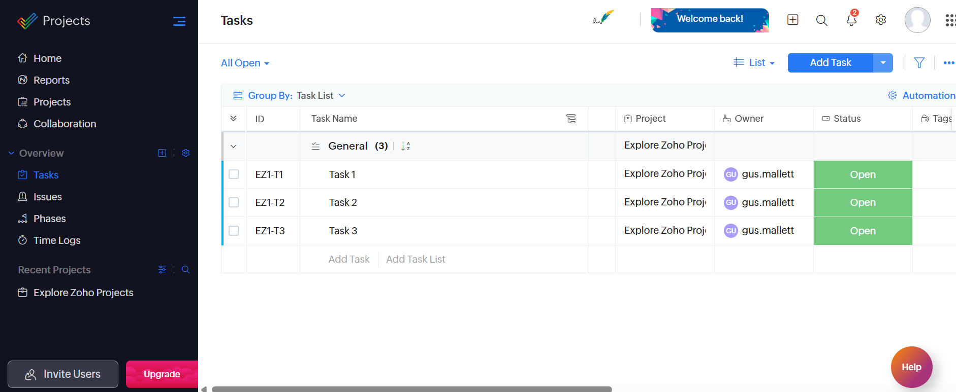 Screenshot of Zoho Projects tasks. Source: Tech.co testing