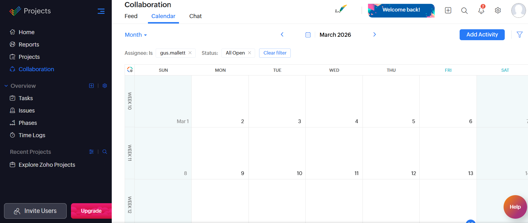 Screenshot of Zoho Projects calendar. Source: Tech.co testing