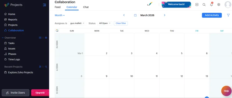 Screenshot of Zoho Projects calendar. Source: Tech.co testing