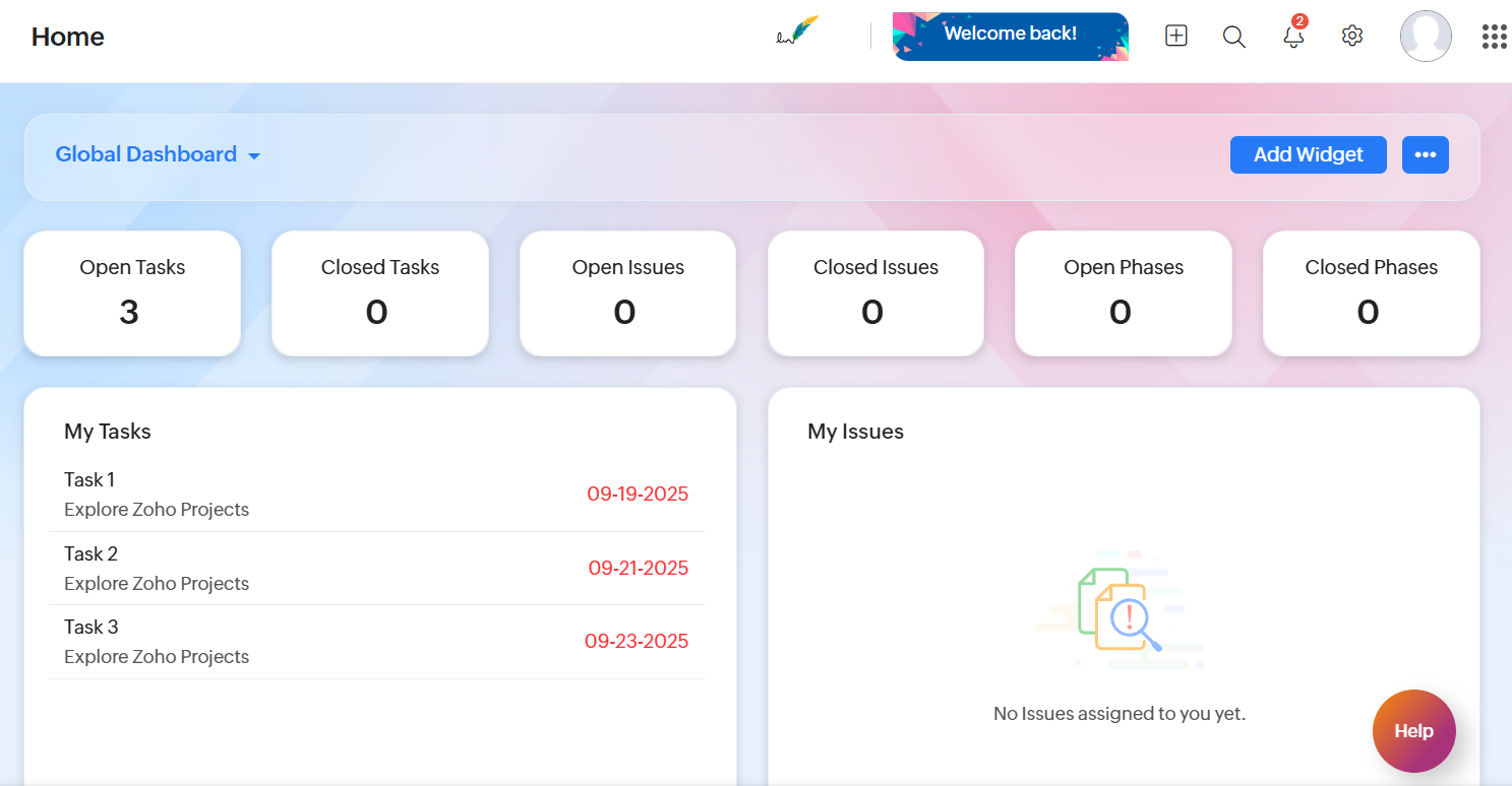 Screenshot of Zoho Projects dashboard. Source: Tech.co testing