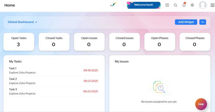 Screenshot of Zoho Projects dashboard. Source: Tech.co testing