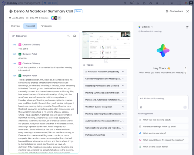 The AI Note Taker in monday Work Management provides a thorough look at the meeting, including topic and takeaways, as well as a transcript with speaker identification. Source: Tech.co testing