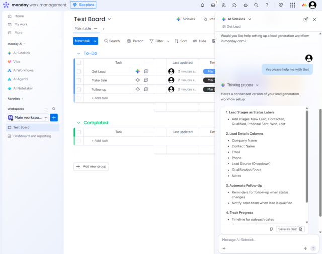 The AI Sidekick in monday Work Management acts as an assistant to answer basic questions and provide helpful suggestions. Source: Tech.co testing
