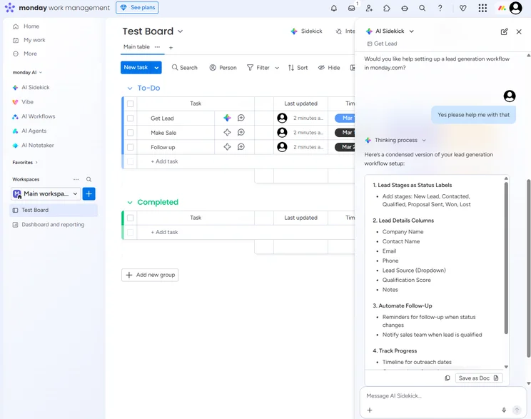 The AI Sidekick in monday Work Management acts as an assistant to answer basic questions and provide helpful suggestions. Source: Tech.co testing