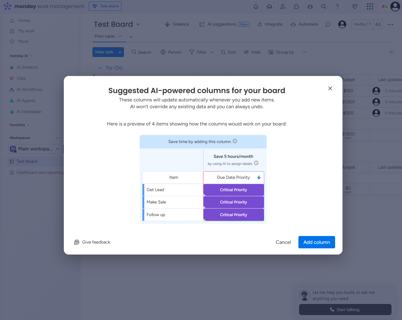 The AI suggestions in monday Work Management provide inspirations for how to use automation to improve your boards. Source: Tech.co testing