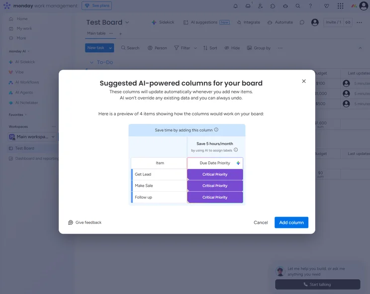 The AI suggestions in monday Work Management provide inspirations for how to use automation to improve your boards. Source: Tech.co testing