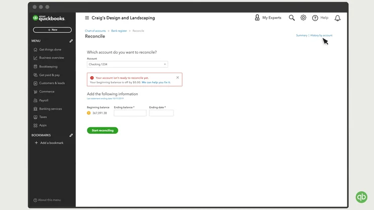 QuickBooks Online reconcile feature for bank account with beginning and ending balance fields.