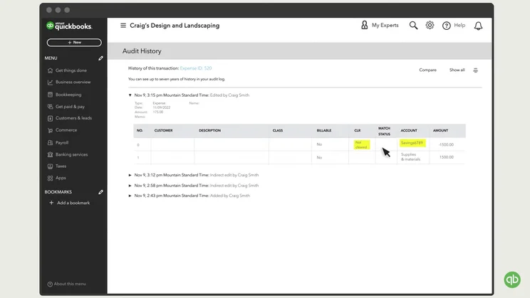 QuickBooks Online audit history for transaction showing edits, dates, times, and user actions on expense research.