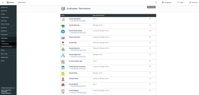 Clover's employee permissions area.