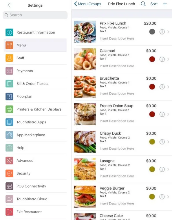 TouchBistro menu management app displaying lunch menu items.
