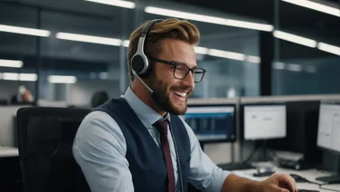A salesman talks to a customer on the phone.