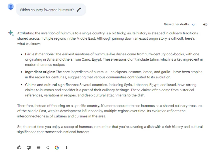 Bard test: where was hummus invented?