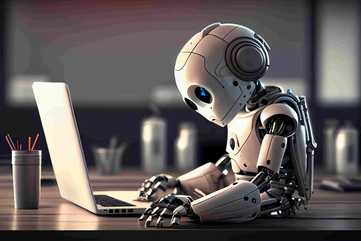 ai robot looking at laptop