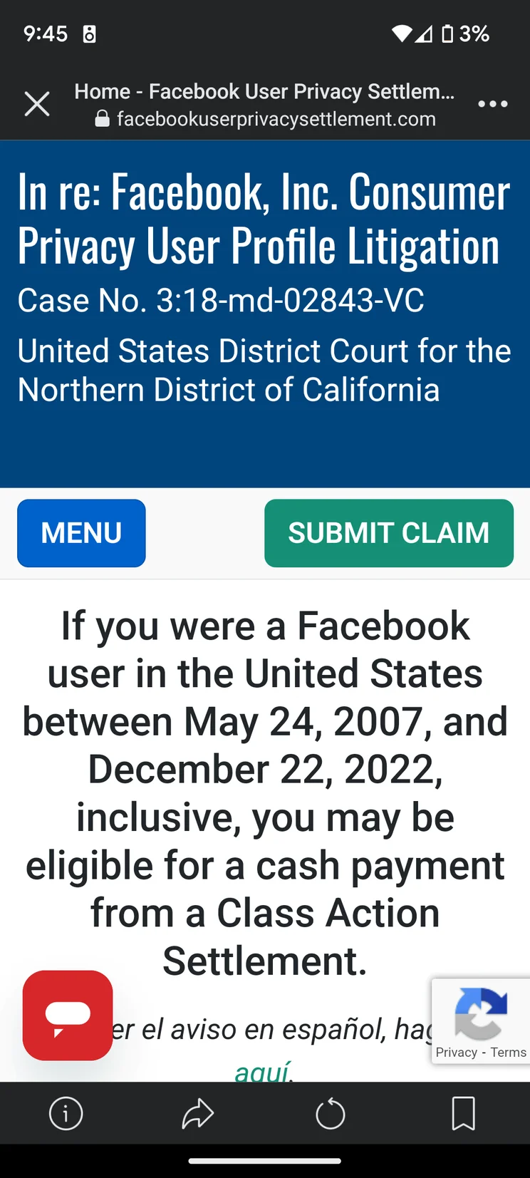 Facebook settlement website