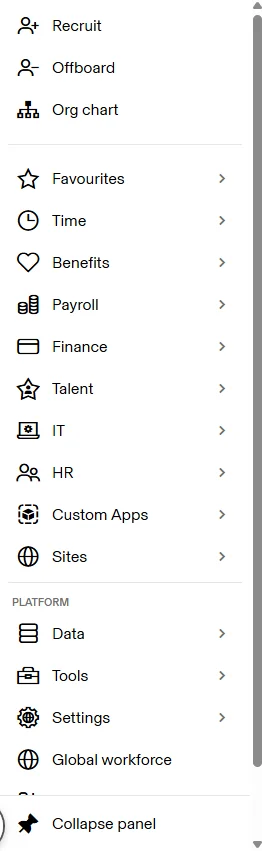 Screenshot of Rippling navigation column. Source: Tech.co