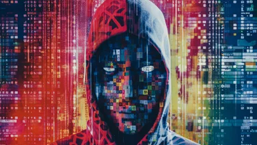 Anonymous style hacker against composite dark background by generative AI