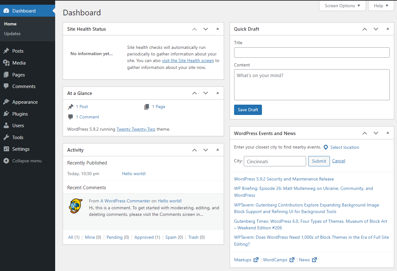 The WordPress dashboard