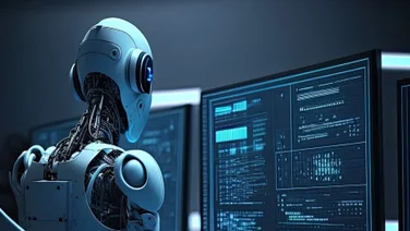 AI robot looking at a computer screen