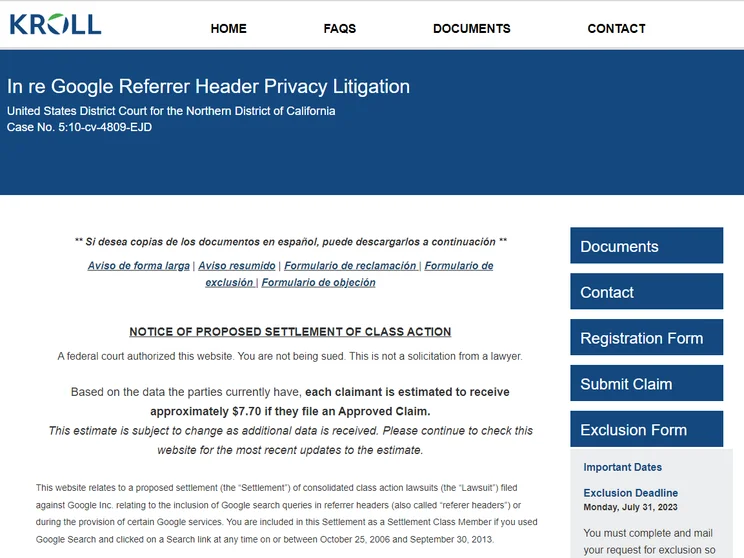 Kroll settlement claim webpage