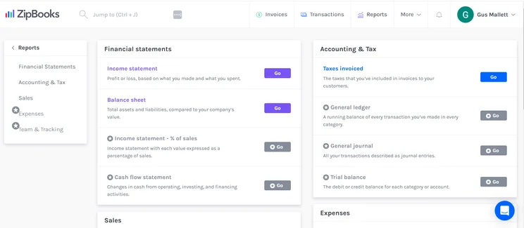 ZipBooks screenshot. Source: Tech.co testing